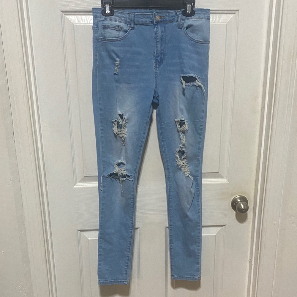 SHEIN Light Blue Distressed Skinny Jeans